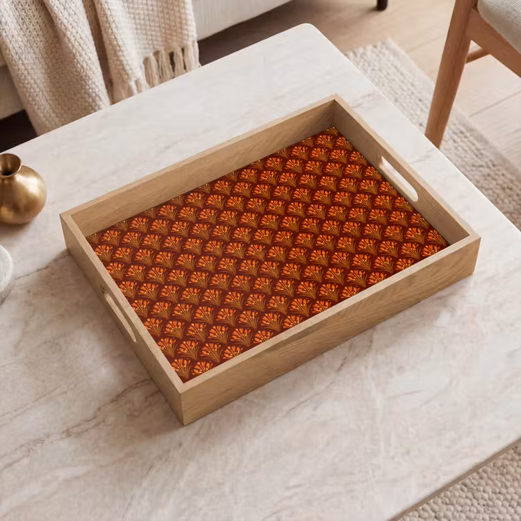Tablett - Fächer – Art Déco – Botanisch – Rostbraun – Orange — 2