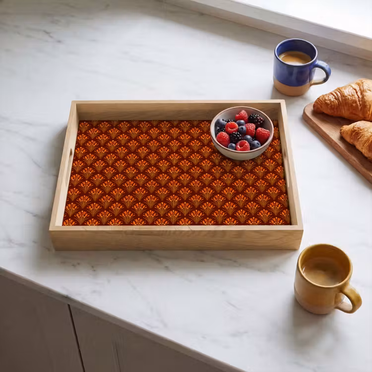 Tablett - Fächer – Art Déco – Botanisch – Rostbraun – Orange — 3