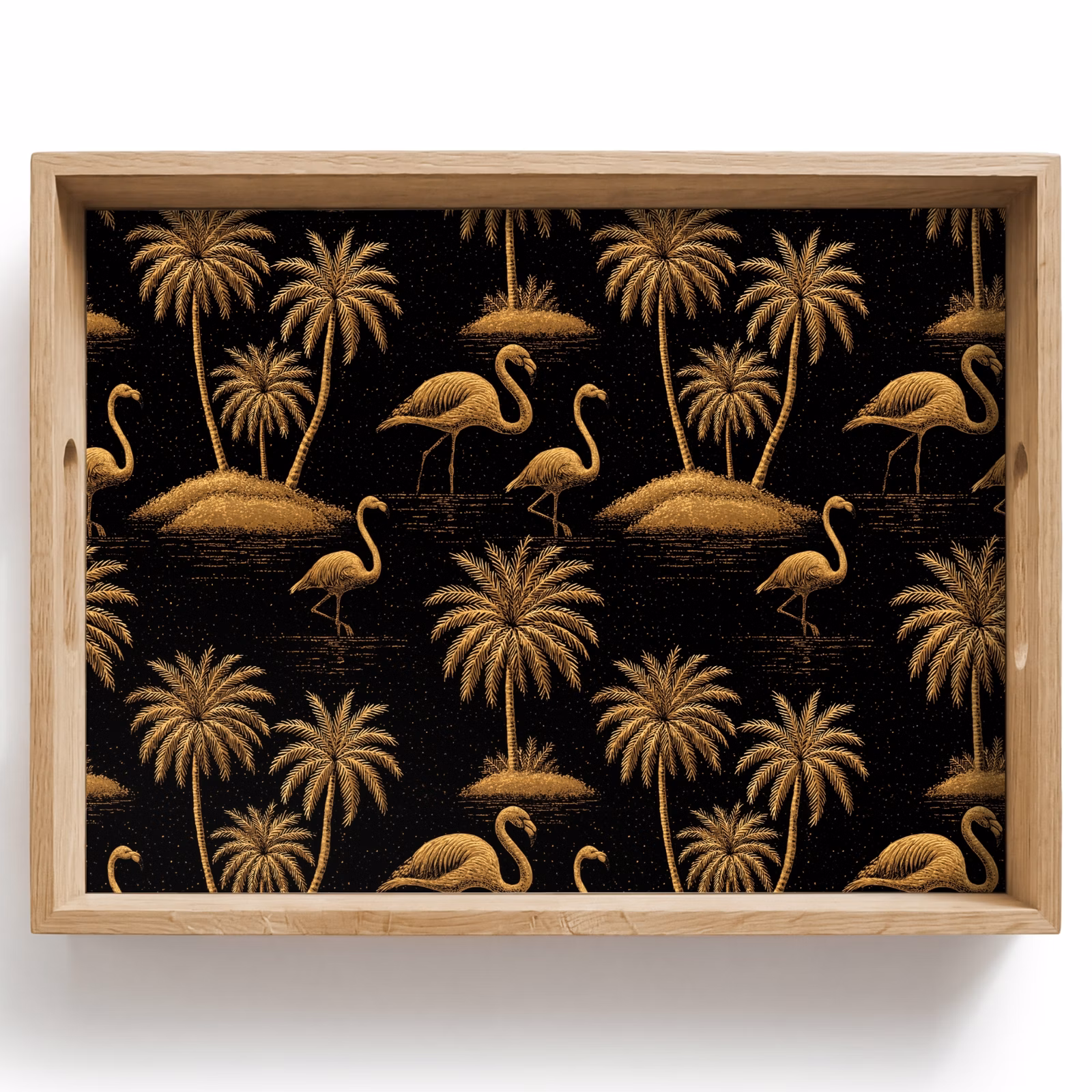 Tablett - Flamingo – Palmen – Tropisch – Gold – Schwarz — 1