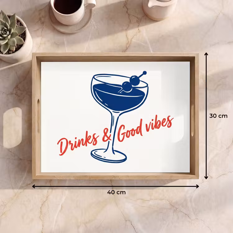 Tablett - Cocktail – Glas – Illustration – Blau – Weiß — 7