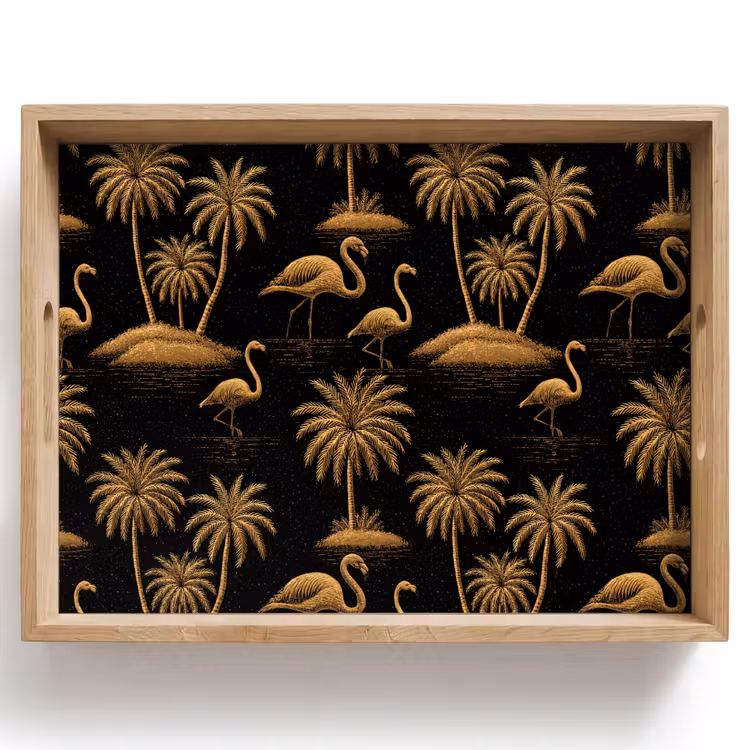 Tablett - Flamingo – Palmen – Tropisch – Gold – Schwarz — 1