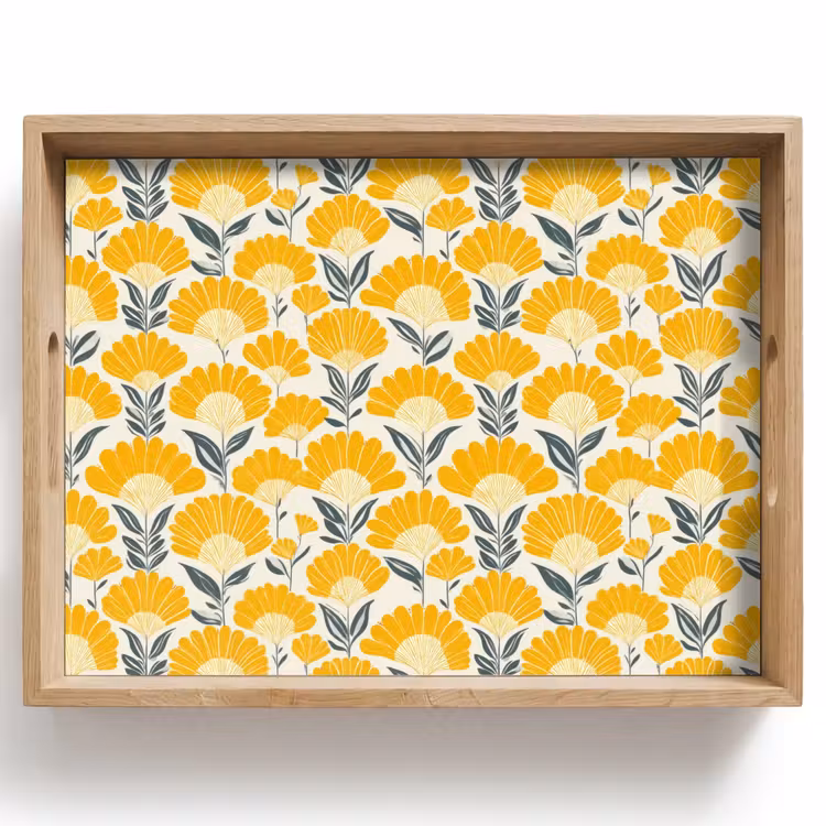 Tablett - Blumen – Retro – Botanisch – Ockergelb – Grau — 1
