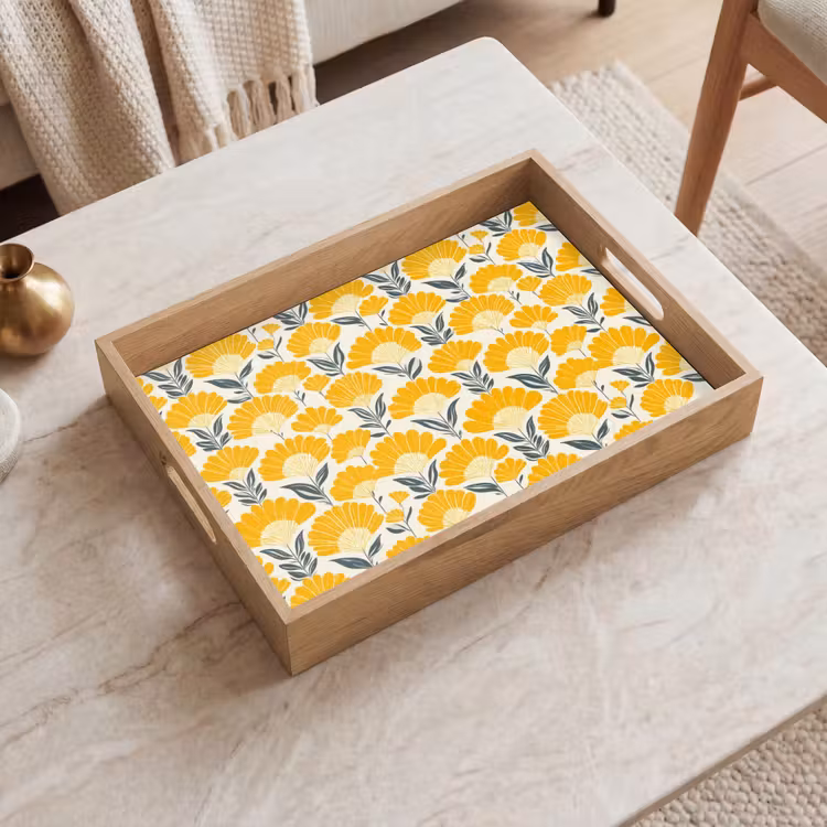 Tablett - Blumen – Retro – Botanisch – Ockergelb – Grau — 2