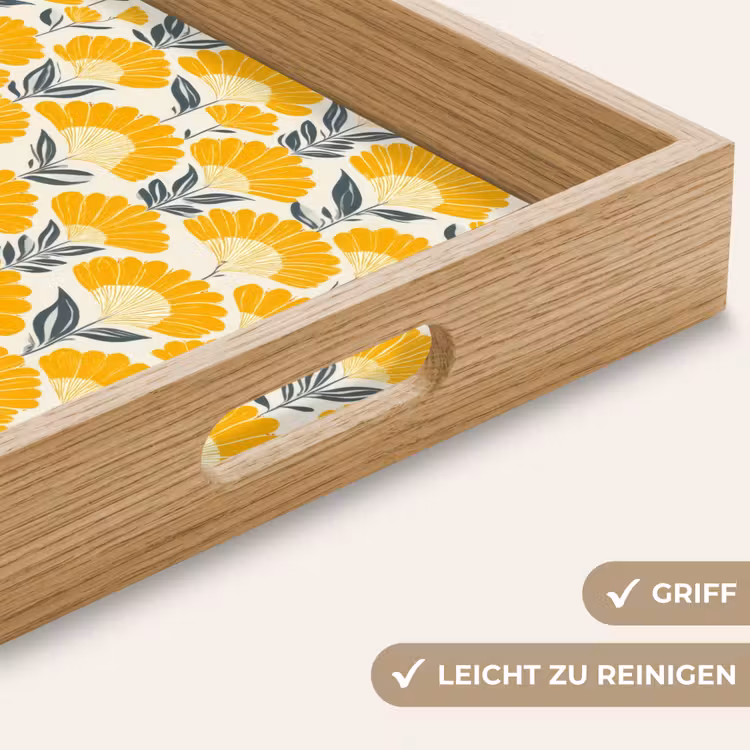 Tablett - Blumen – Retro – Botanisch – Ockergelb – Grau — 8