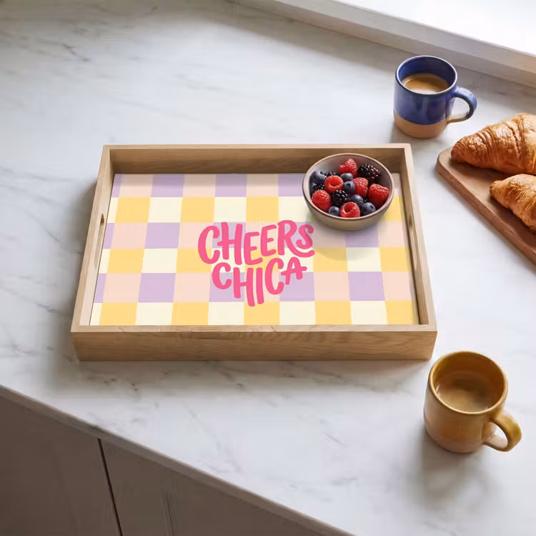 Tablett - Cheers Chica – Karomuster – Lila – Gelb — 3