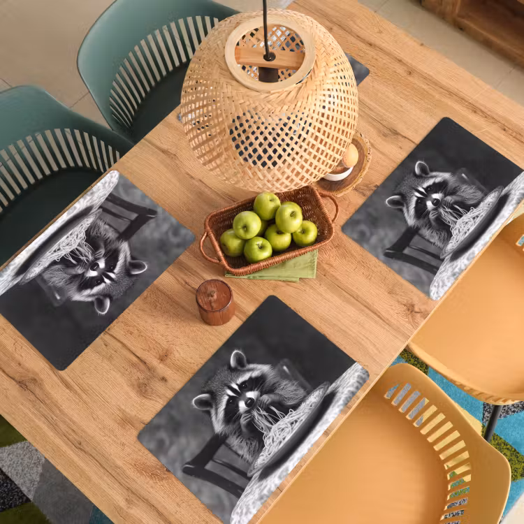 Tischset - Waschbär - Niedlich - Pasta - Tischtuch - Schwarz - Weiß - 6 Stück — 3