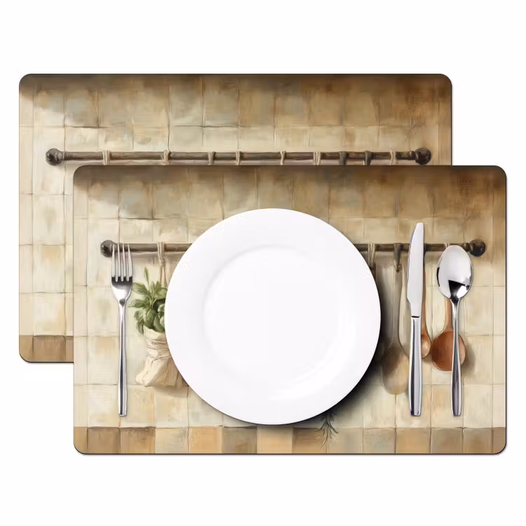Tischset - Holz - Küchengeräte - Stilleben - Kacheln - 6 Stück — 2