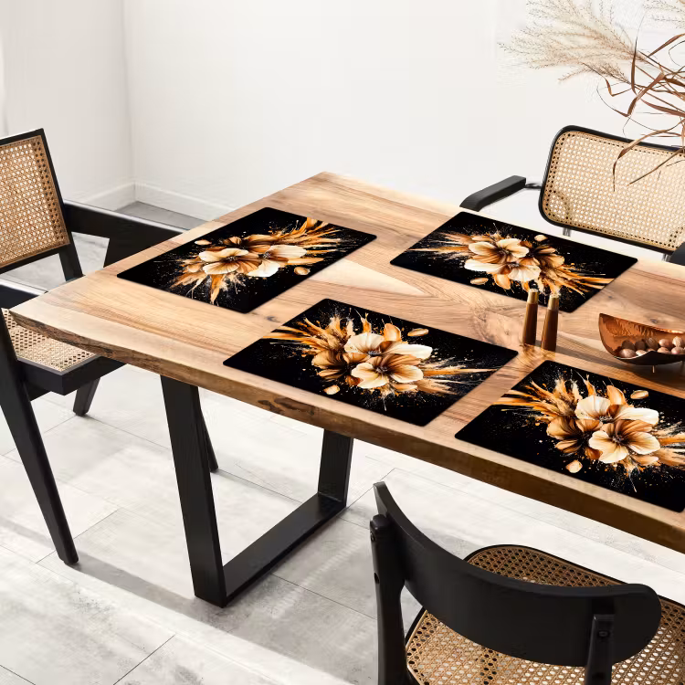 Tischset - Blumen - Gold - Graffiti - Schwarz - Abstrakt - 6 Stück — 4