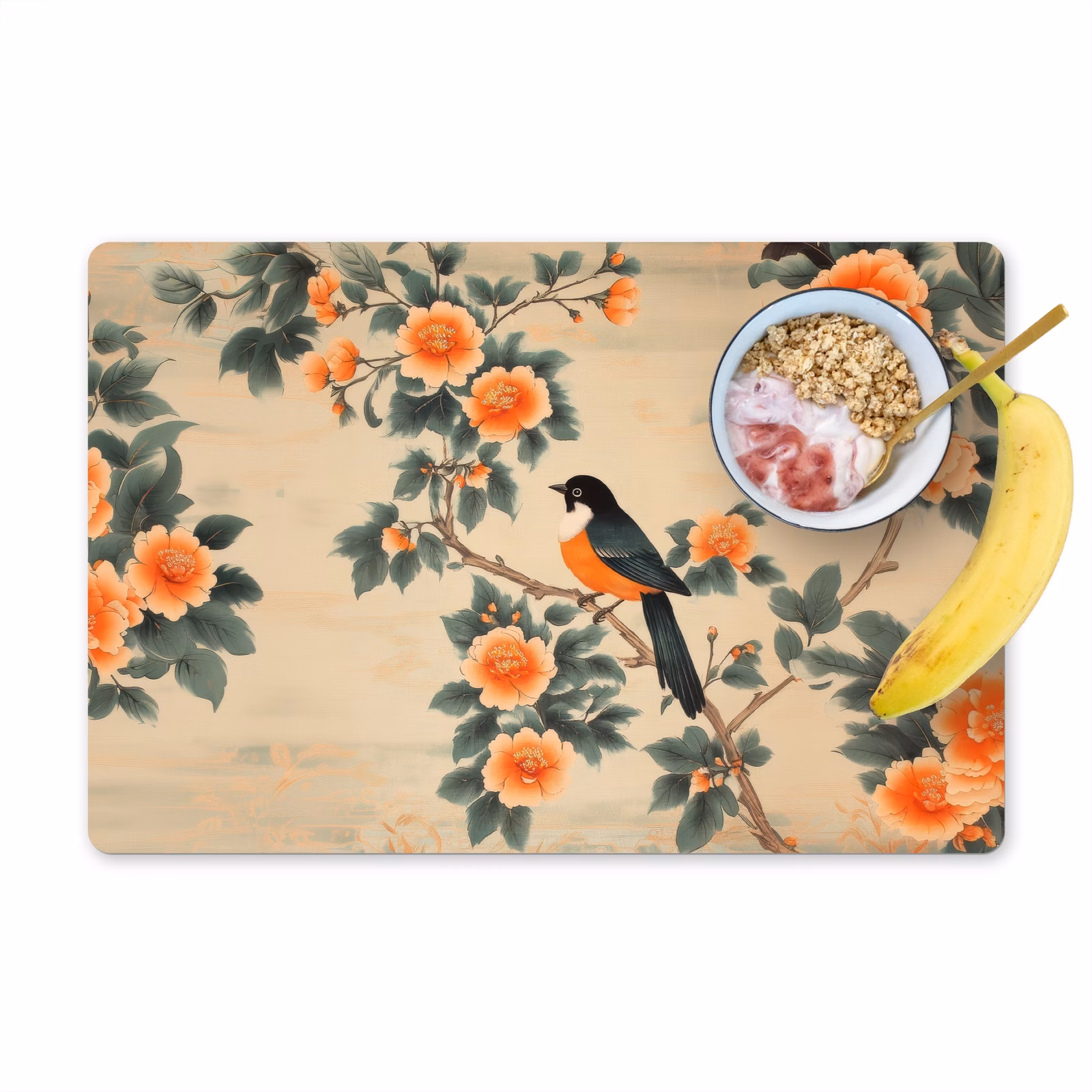 Tischset - Vogel - Zweig - Blumen - Orange — 1