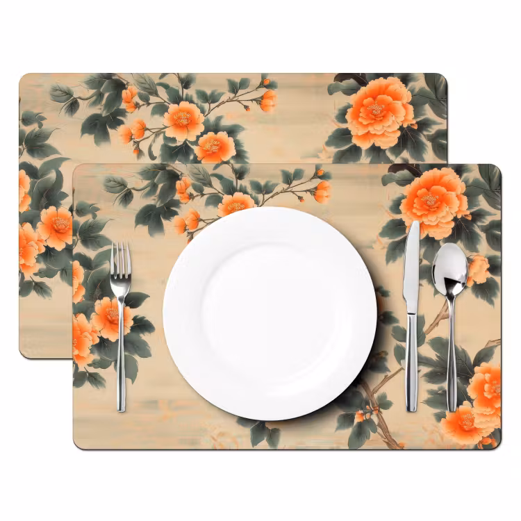 Tischset - Vogel - Zweig - Blumen - Orange — 2