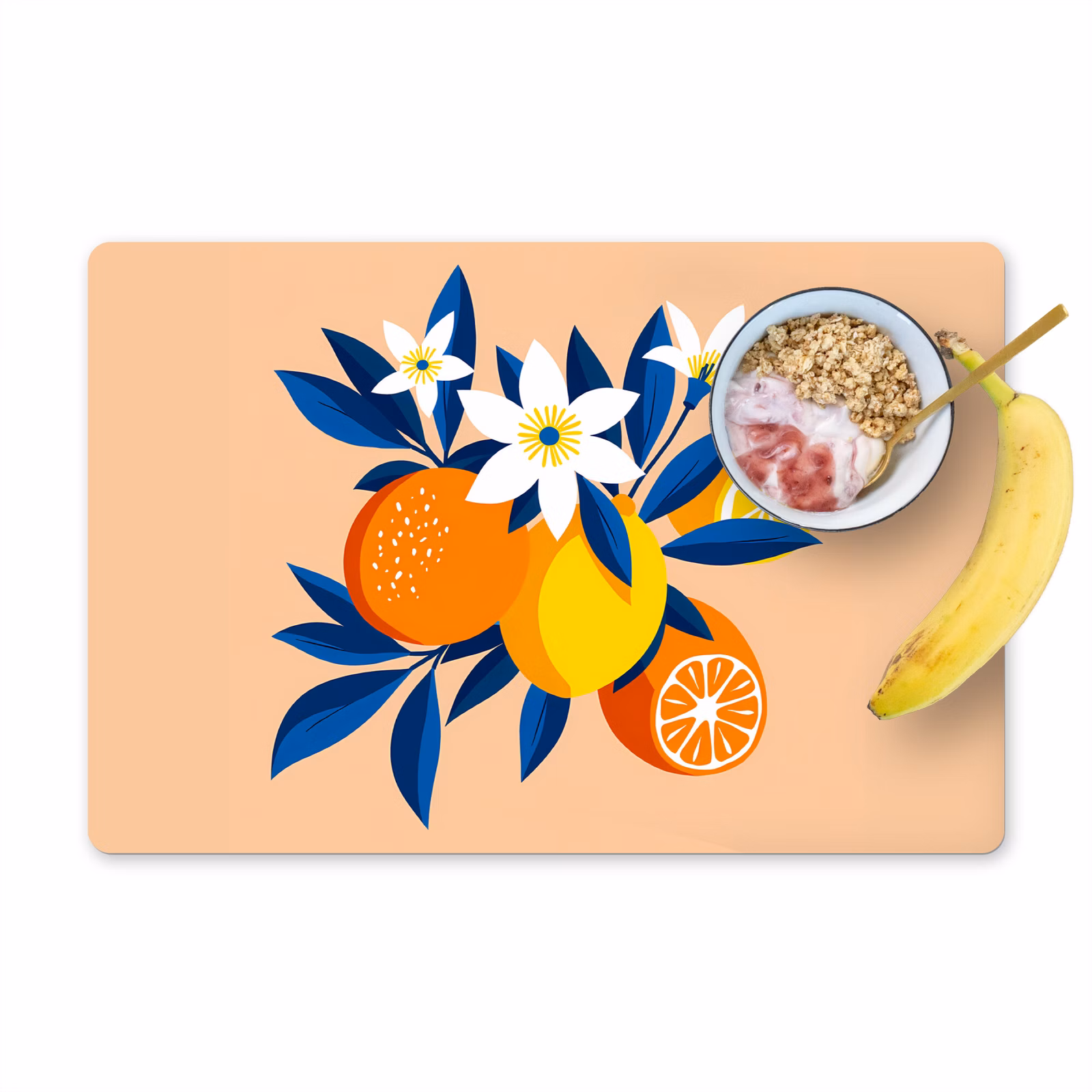 Tischset - Illustration - Orangen - Dunkelblau - Blumen - 6 Stück — 1