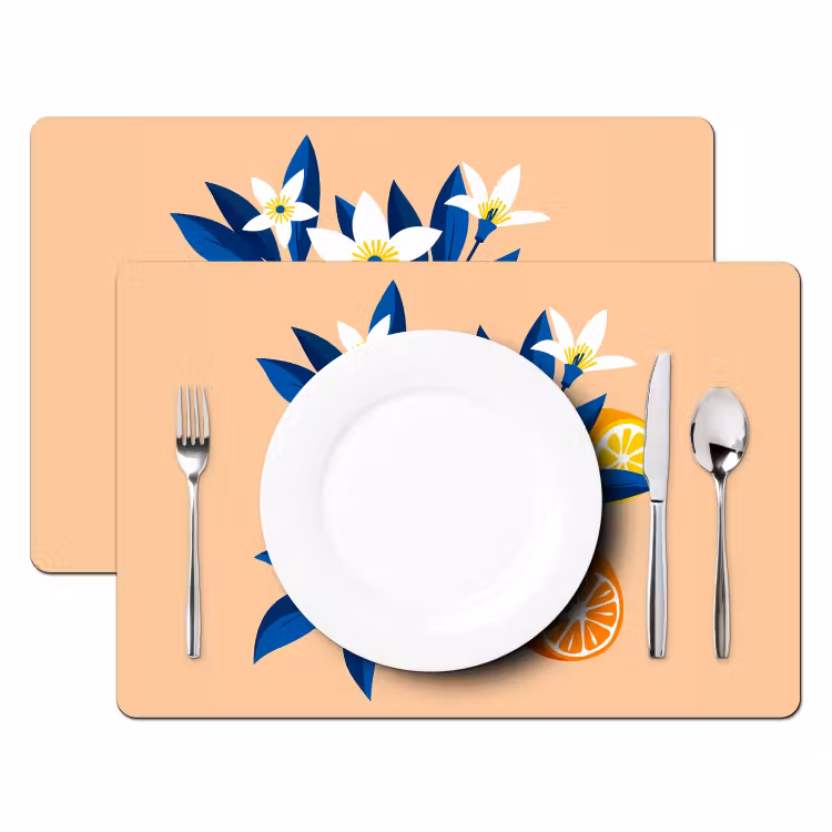 Tischset - Illustration - Orangen - Dunkelblau - Blumen - 6 Stück — 2