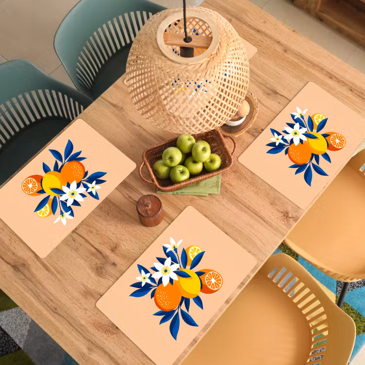 Tischset - Illustration - Orangen - Dunkelblau - Blumen - 6 Stück — 3