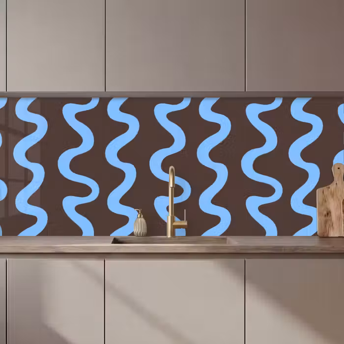 Küchenrückwand - Sich windende Linien - Blau - Braun - Minimalistisch