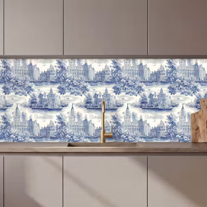 Küchenrückwand - Häuser - Bäume - Wasser - Vögel - Blau