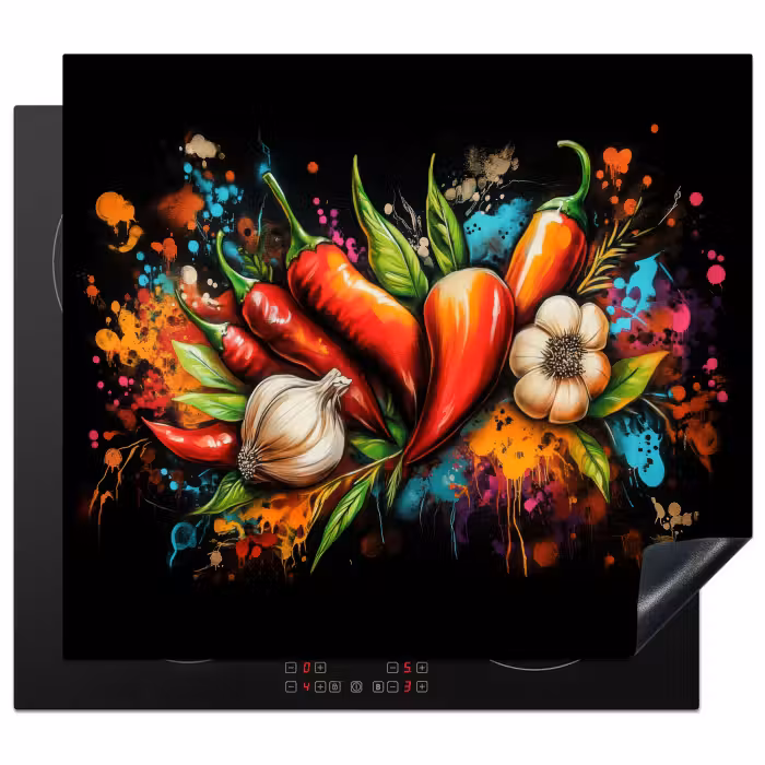 Herdabdeckplatte - Gemüse - Paprika - Knoblauch - Graffiti - Farbe - Bunt